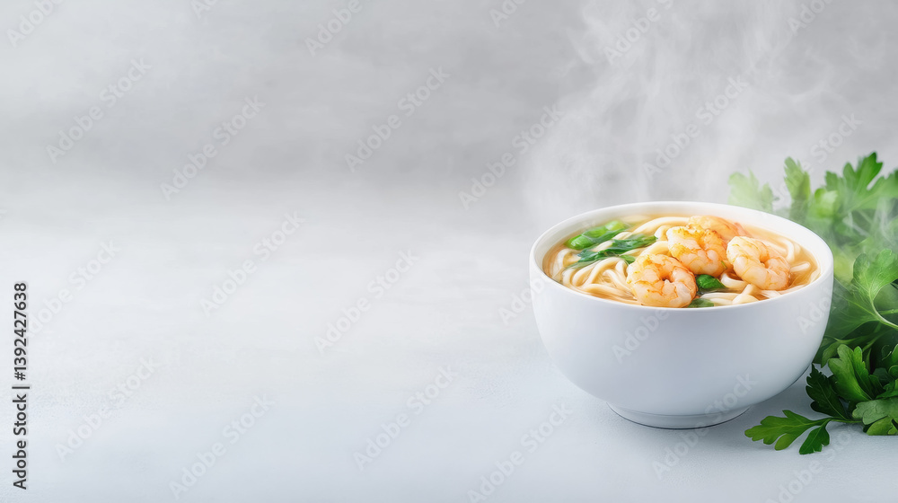 Poster steaming bowl of udon noodles with shrimp and parise captured from above with beautiful presentation