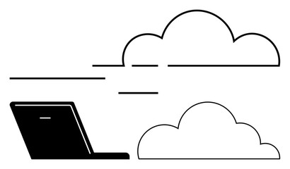 Laptop emitting lines toward clouds symbolizing data flow, connectivity, and cloud storage. Ideal for technology, communication, innovation, efficiency, cloud services, mobility flat simple metaphor