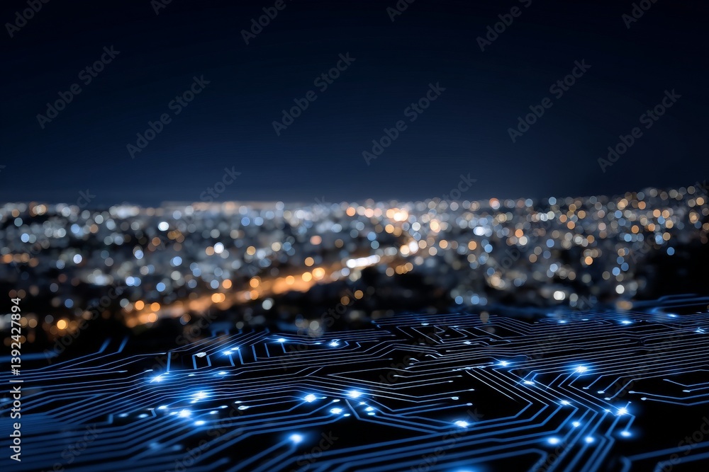 Poster a cityscape at night with a mockup location in the sky represents a fusion of abstract and digital e