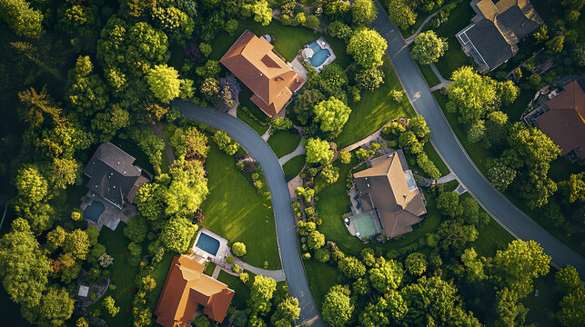 Aerial view of lush, upscale neighborhood with winding roads