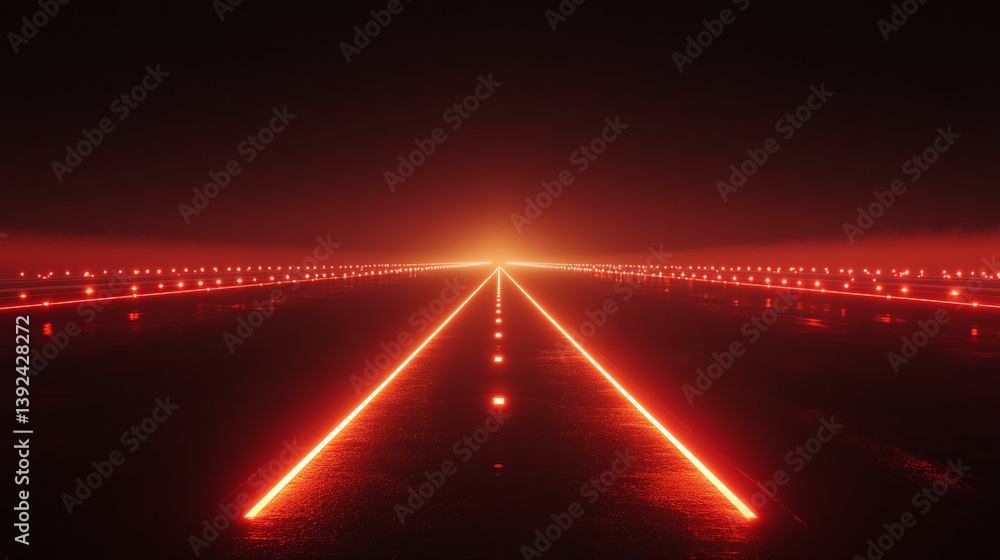 Poster red glowing lines on dark road vanishing into fog, creating a perspective effect, symbolizing journe