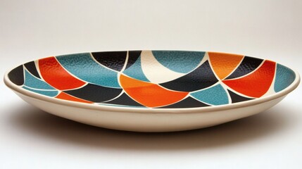 Oval ceramic serving bowl, geometric design, white background, home decor
