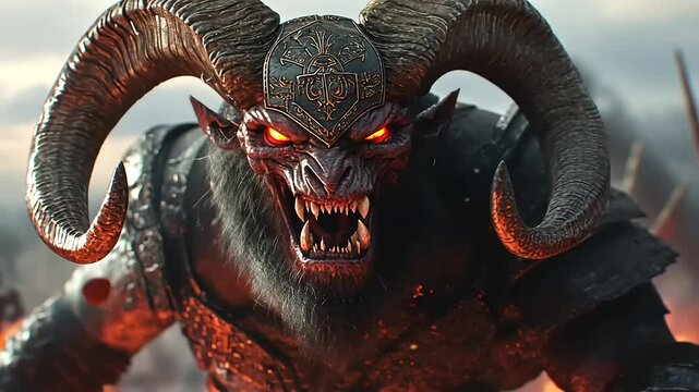 Fierce demon warrior in battle, surrounded by flames and chaos, showcasing intense expression