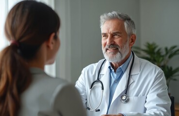 Fototapeta premium Senior doctor in white coat, stethoscope consults young female patient. Doctor listens patient health concerns, gives medical advice during appointment. Healthcare pro, medicine, check-up, visit,