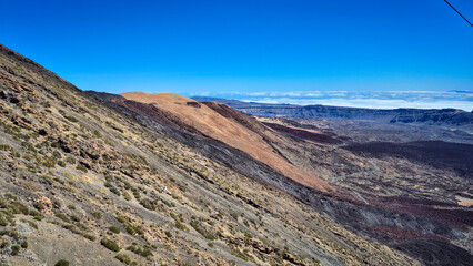 Volcanic landscape with colorful slopes  from Teide volcano (top cable car station)   tenerife, spain