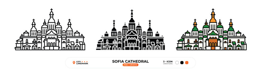 Sofia Cathedral, Line Icon. Kiev, Ukraine, Landmark, Silhouette, Color Vector, Editable Stroke.