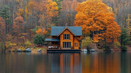 Autumn's orange leaves reflect on the lake's water, surrounding a cozy cabin house. Trees frame the fall landscape with stunning reflection views.
