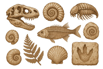 Obraz premium Detailed Fossil Collection Illustrations with Natural Elements