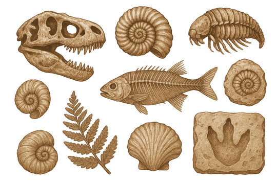 Detailed Fossil Collection Illustrations with Natural Elements