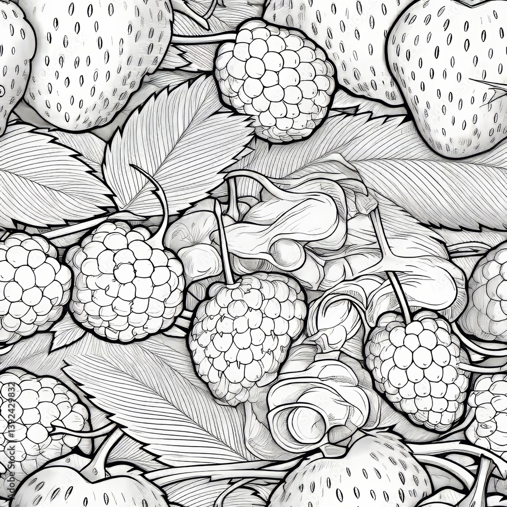 Poster seamless pattern of simplified fruit contours on a white background with minimalist design