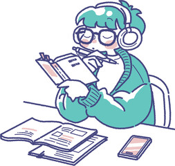 本を読んで勉強をしている男の子のイラスト