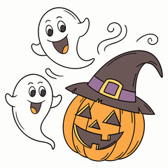 Halloween Ghosts with Classic Jack-o'-Lantern and Witch Hat – Spooky Glowing Face Vector Design