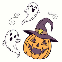 Halloween Ghosts with Classic Jack-o'-Lantern and Witch Hat – Spooky Glowing Face Vector Design