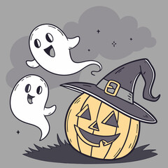 Halloween Ghosts with Classic Jack-o'-Lantern and Witch Hat – Spooky Glowing Face Vector Design