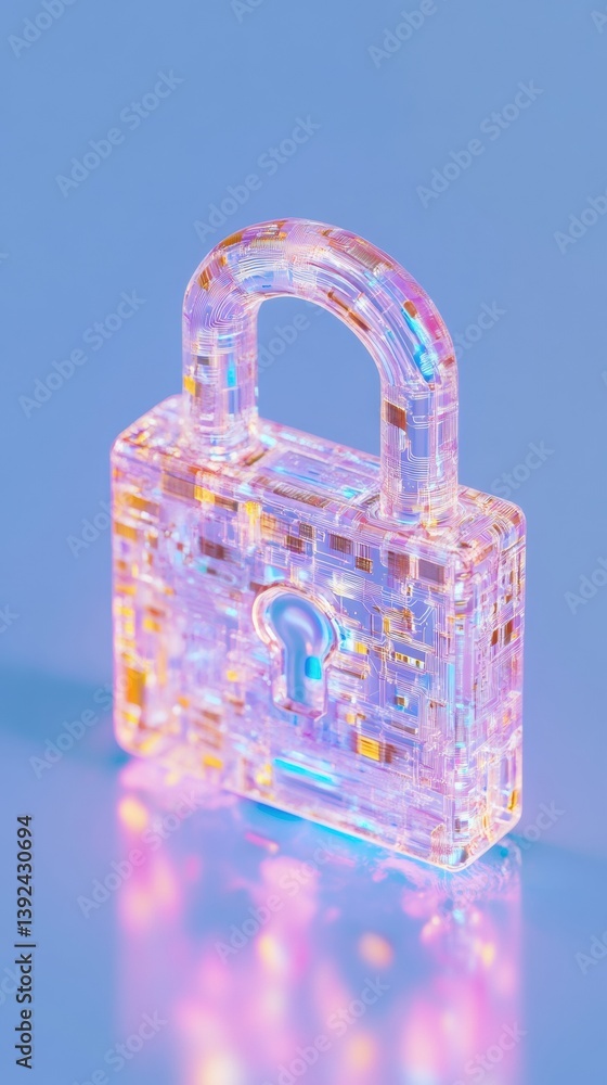 Poster Holographic Digital Security Visualization Transparent Quantum Encryption Padlock with Iridescent Circuit Mapping - Cutting-Edge Cybersecurity Branding for Next-Gen Tech Innovation