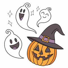 Halloween Ghosts with Classic Jack-o'-Lantern and Witch Hat – Spooky Glowing Face Vector Design