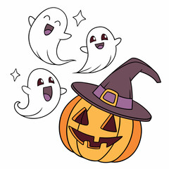 Halloween Ghosts with Classic Jack-o'-Lantern and Witch Hat – Spooky Glowing Face Vector Design