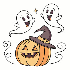 Halloween Ghosts with Classic Jack-o'-Lantern and Witch Hat – Spooky Glowing Face Vector Design