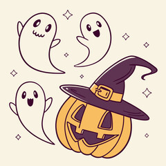 Halloween Ghosts with Classic Jack-o'-Lantern and Witch Hat – Spooky Glowing Face Vector Design