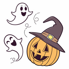Halloween Ghosts with Classic Jack-o'-Lantern and Witch Hat – Spooky Glowing Face Vector Design