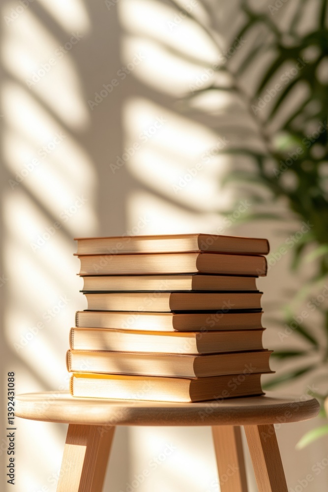 Aufkleber minimalist knowledge curation vintage book stack in soft natural light - aesthetic learning and inte
