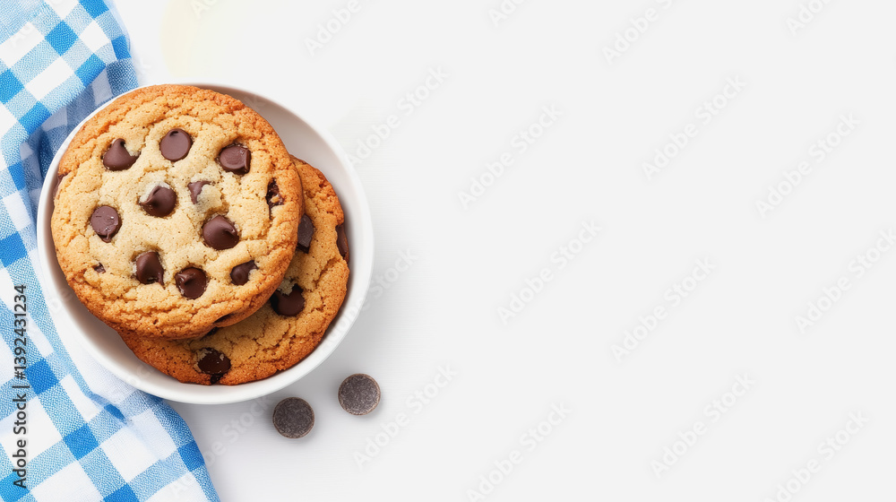 Poster overhead shot of a stack of homemade chocolate chip cookies with a crispy edge and soft chewy center