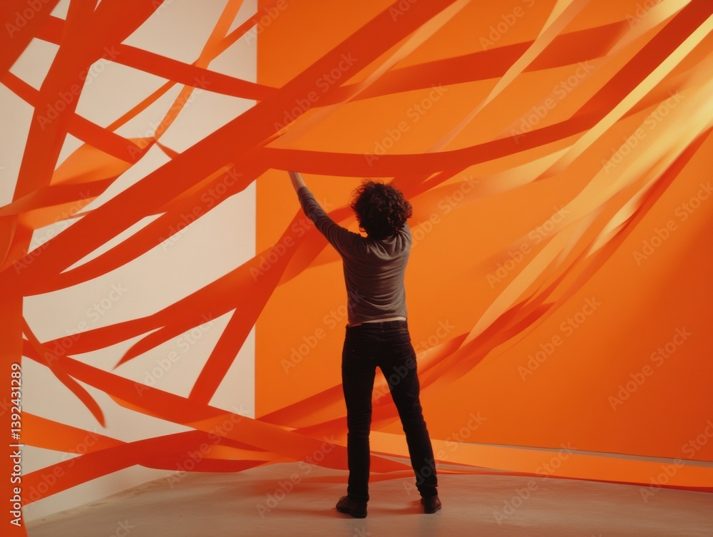 Poster Dynamic Experiential Design Gen Z Creative Professional Navigating Bold Orange Spatial Narratives in Immersive Conceptual Interactive Installation Environment
