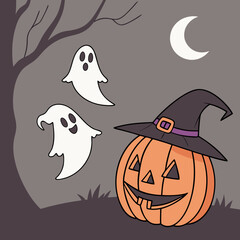 Halloween Ghosts with Classic Jack-o'-Lantern and Witch Hat – Spooky Glowing Face Vector Design