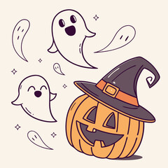 Halloween Ghosts with Classic Jack-o'-Lantern and Witch Hat – Spooky Glowing Face Vector Design