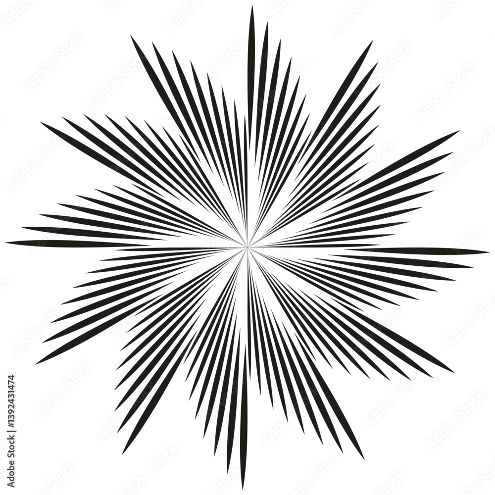 Poster radiating star shape. sharp dynamic burst. abstract line explosion. vector black contour.