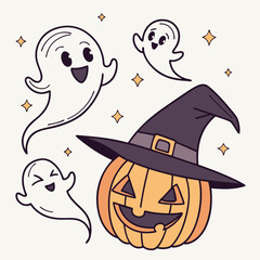 Halloween Ghosts with Classic Jack-o'-Lantern and Witch Hat – Spooky Glowing Face Vector Design