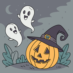 Halloween Ghosts with Classic Jack-o'-Lantern and Witch Hat – Spooky Glowing Face Vector Design