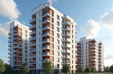 Modern high-rise residential apartment buildings in Bialystok Poland. New build neighborhood with contemporary architecture, balconies, blue sky background. Stylish housing, real estate, investment.