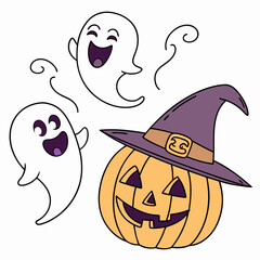 Halloween Ghosts with Classic Jack-o'-Lantern and Witch Hat – Spooky Glowing Face Vector Design