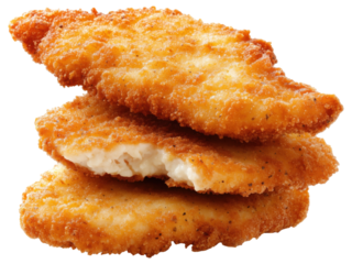 Crispy breaded fish patties are stacked on top of each other isolated on transparent background.