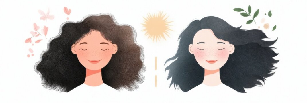 Min minimalist illustration contrasting healthy hair and damaged hair from excessive styling