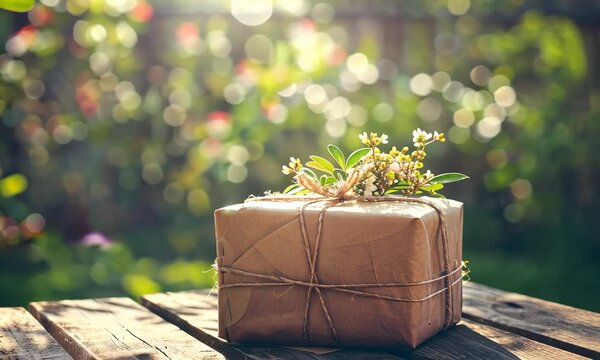 Wrapped gift box with ribbon and flowers on wooden table outdoors