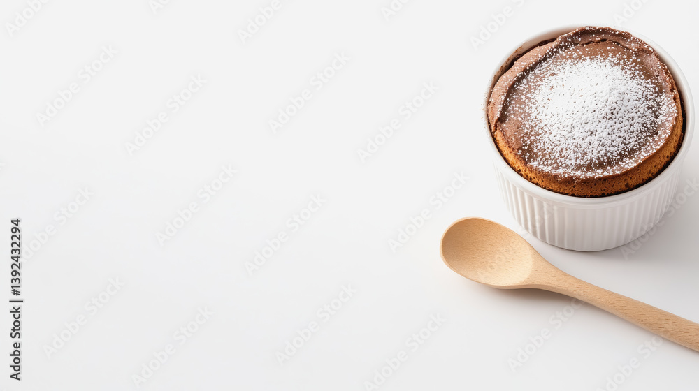 Poster overhead view of a rustic homemade chocolate souffle served in a cup with powdered sugar dusting for