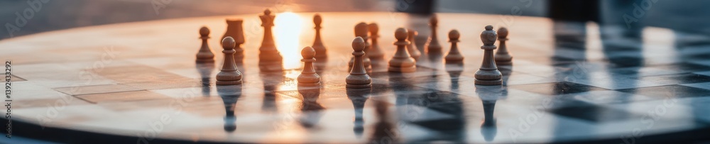 Poster strategic leadership dynamics circular chess board illuminating competitive advantage in modern busi