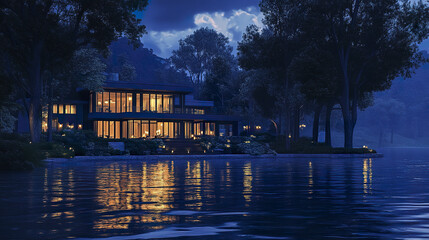 Fototapeta premium Luxurious modern home on riverbank with large windows lit at night