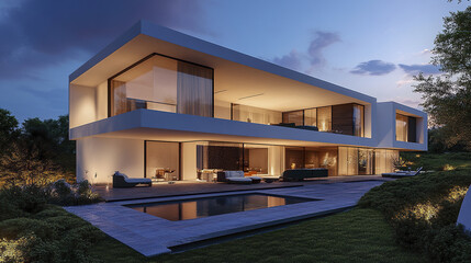 Modern house with open plan design and glass facade at dusk