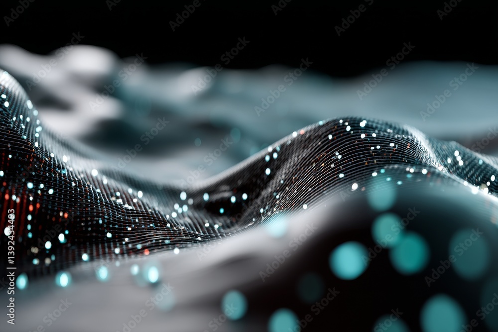 Poster dynamic wave lines and trails flow in a variety of colors against a black background, forming an abs