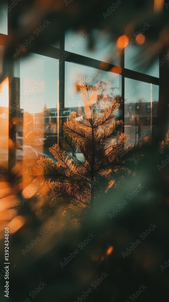 Aufkleber ethereal urban botanical reflection cinematic evergreen softness in golden hour architecture - moody