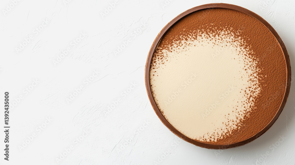 Poster classic tiramisu dessert dusted with cocoa powder in a top-down view capturing its rich layers and t