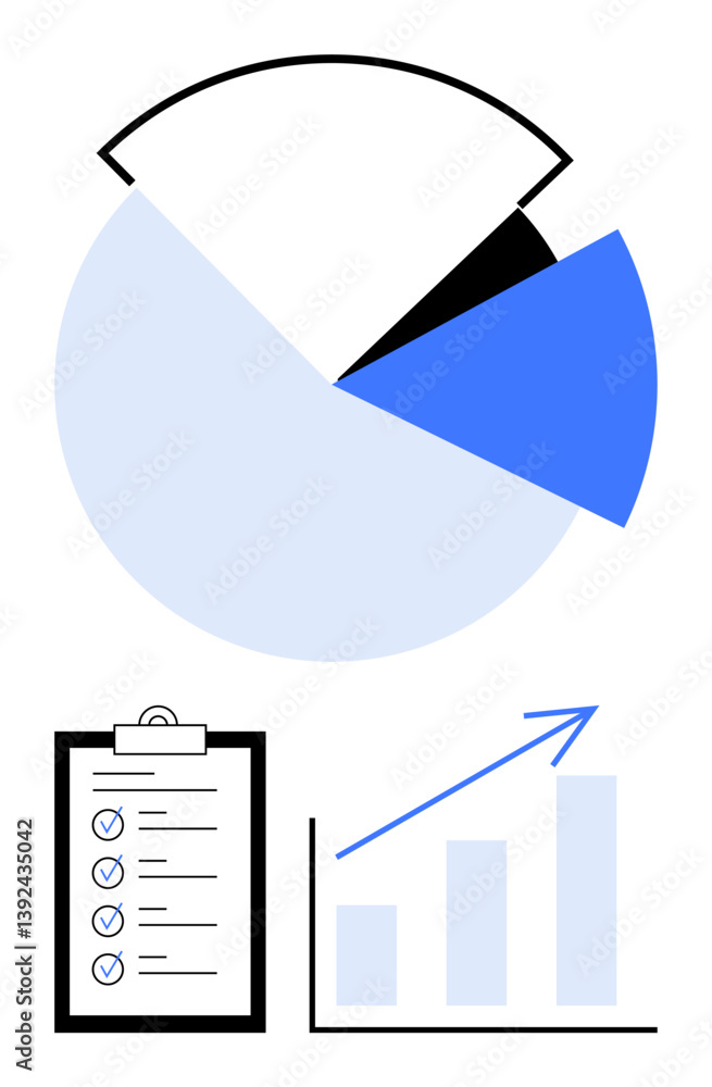 Aufkleber pie chart with segments, checklist on clipboard, and bar graph with upward arrow symbolize analytics
