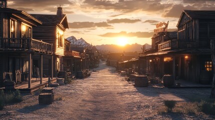 Fototapeta premium Sunset Over an Old Western Town Street with Rustic Buildings