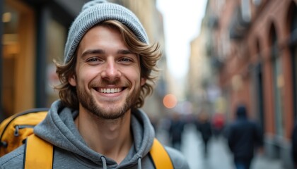 Smiling young man in knit hat, backpack. Urban environment. Happy, casual vibe. Tourist, traveler at city street. Male person with beard, looking to camera. Lifestyle, travel concept.