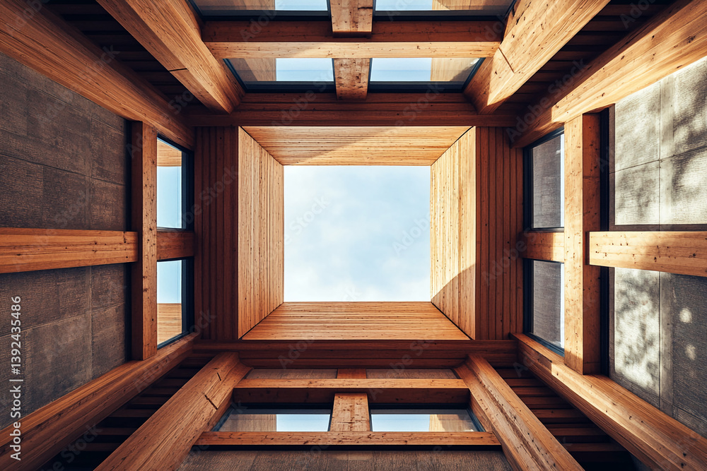 Aufkleber Low angle view of a wooden structure with skylight, showcasing architectural design and natural light, symbolizing modern architecture and sustainable building