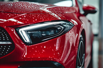Close up of a wet red car with a modern headlight