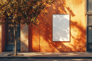 blank white billboard poster framed against softly textured orange wall, with sunlight and tree shadows creating warm ambiance